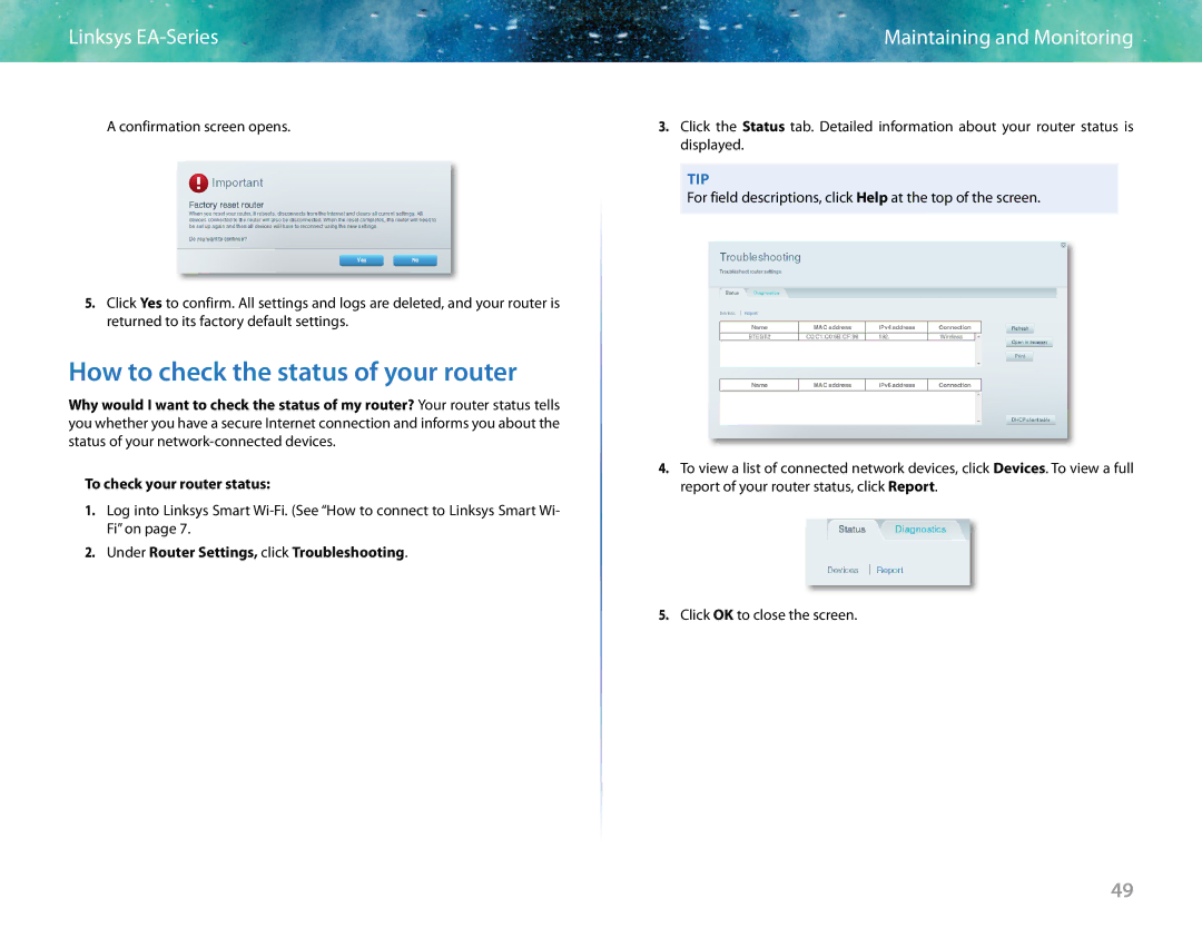 Linksys EA6400 manual How to check the status of your router 