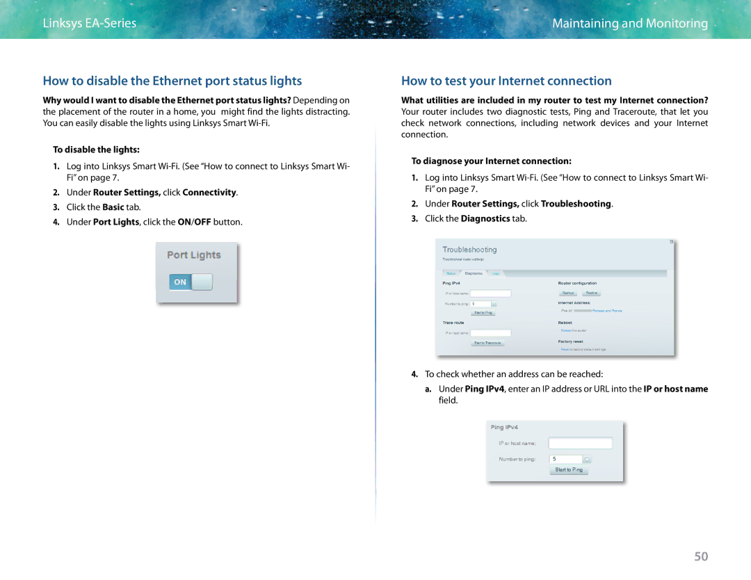 Linksys EA6400 How to disable the Ethernet port status lights, How to test your Internet connection, To disable the lights 