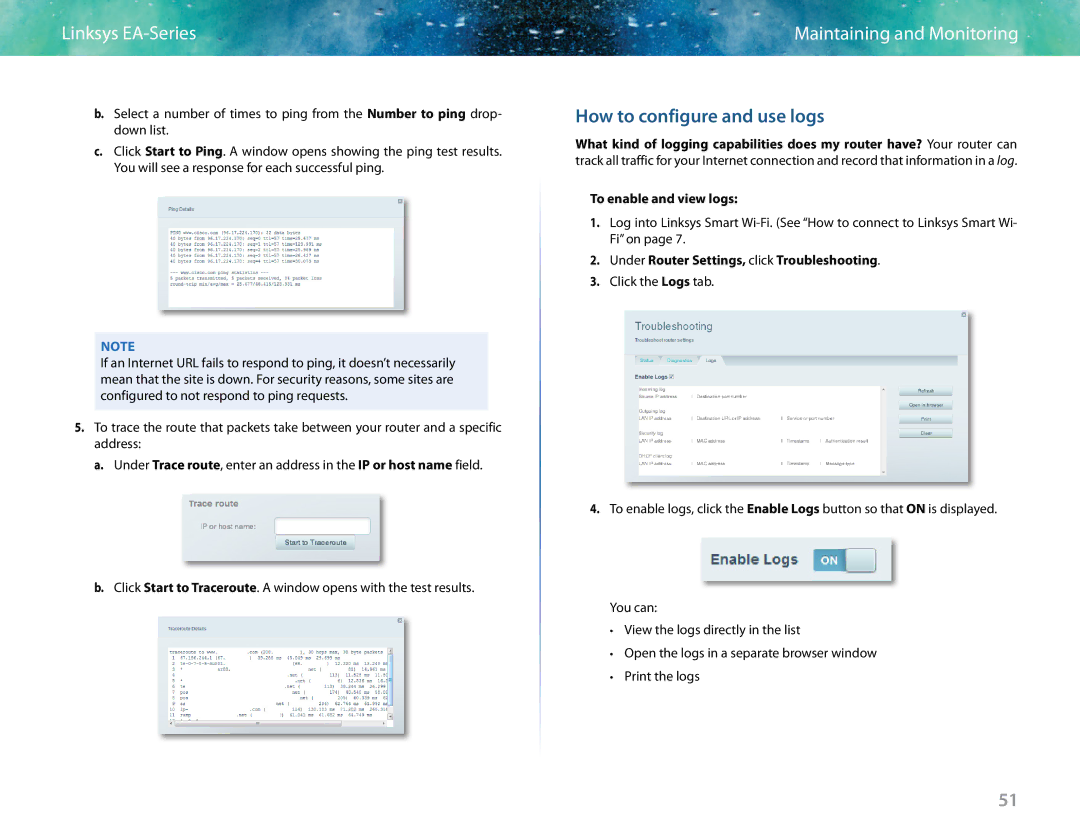 Linksys EA6400 manual How to configure and use logs, To enable and view logs 