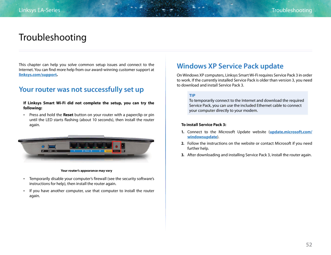 Linksys EA6400 manual Troubleshooting, Your router was not successfully set up, Windows XP Service Pack update 