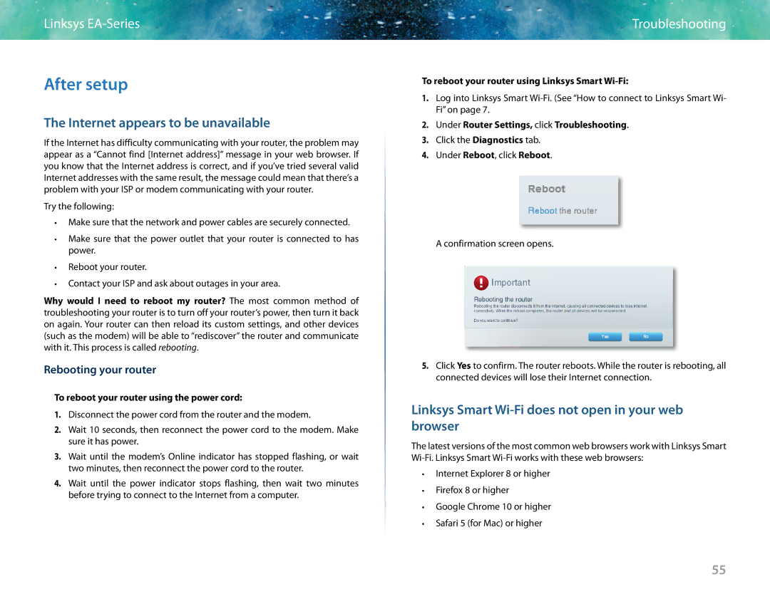 Linksys EA6400 After setup, Internet appears to be unavailable, Linksys Smart Wi-Fi does not open in your web browser 