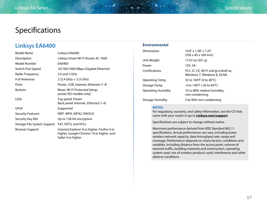 Linksys manual Specifications, Linksys EA6400, Environmental 