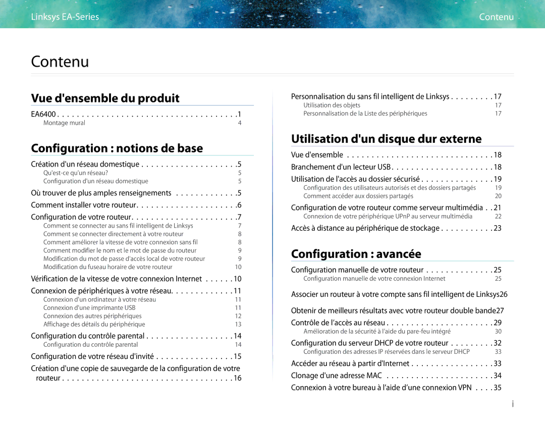 Linksys EA6400 manual Contenu, Configuration notions de base 