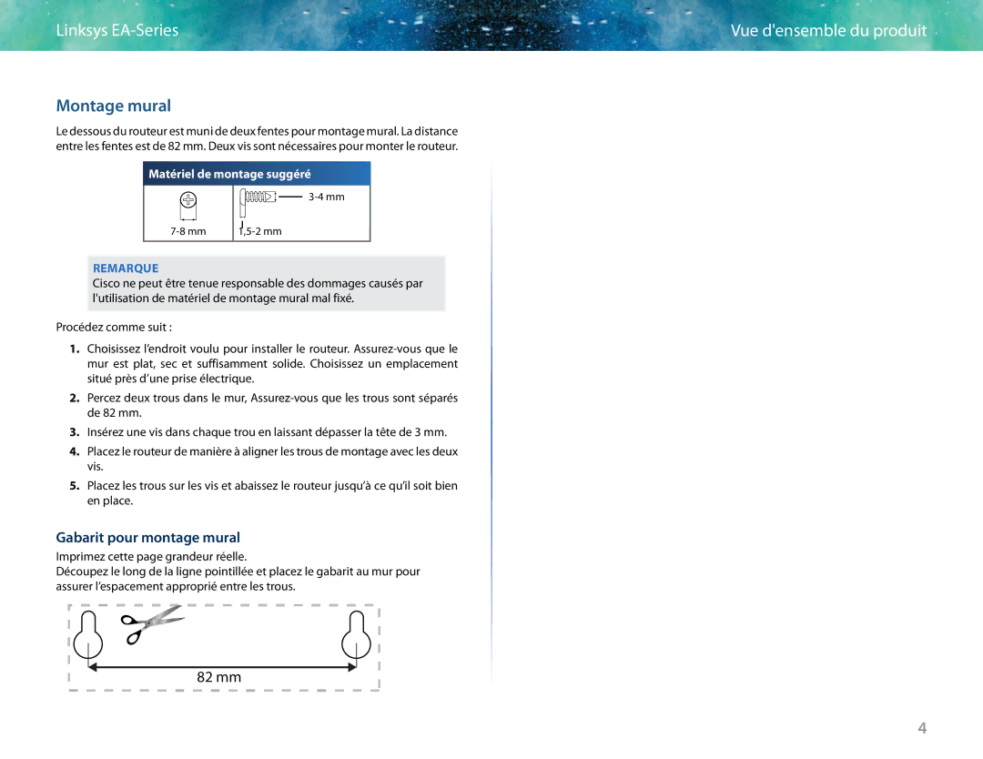 Linksys EA6400 manual Montage mural, Gabarit pour montage mural 