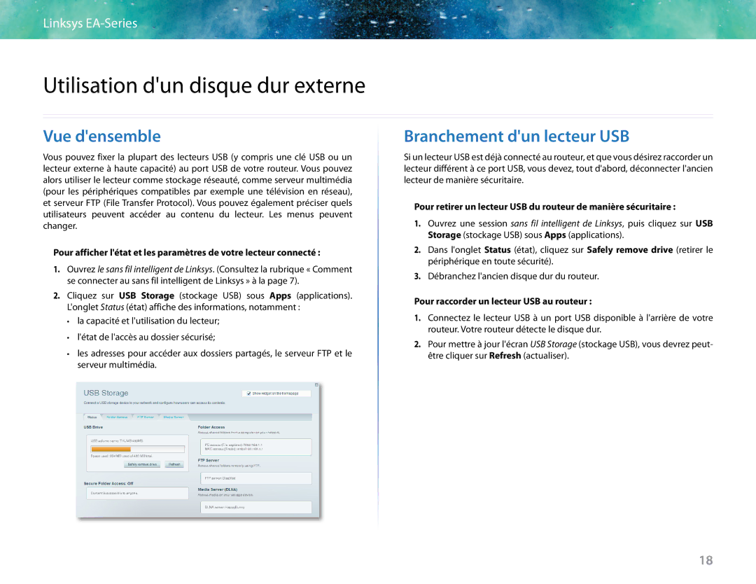 Linksys EA6400 manual Utilisation dun disque dur externe, Vue densemble, Branchement dun lecteur USB 