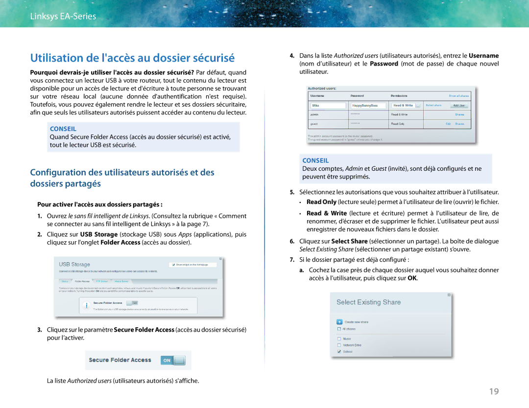 Linksys EA6400 manual Utilisation de laccès au dossier sécurisé, Pour activer laccès aux dossiers partagés 