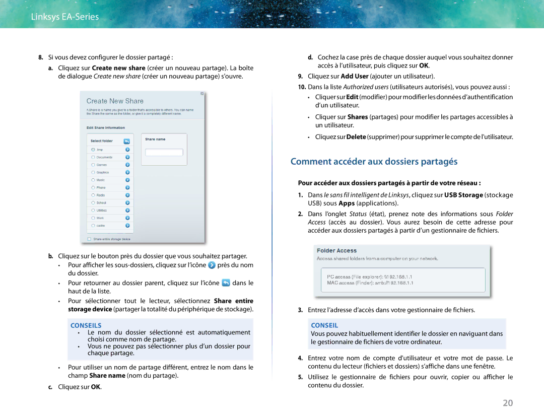 Linksys EA6400 manual Comment accéder aux dossiers partagés, Pour accéder aux dossiers partagés à partir de votre réseau 