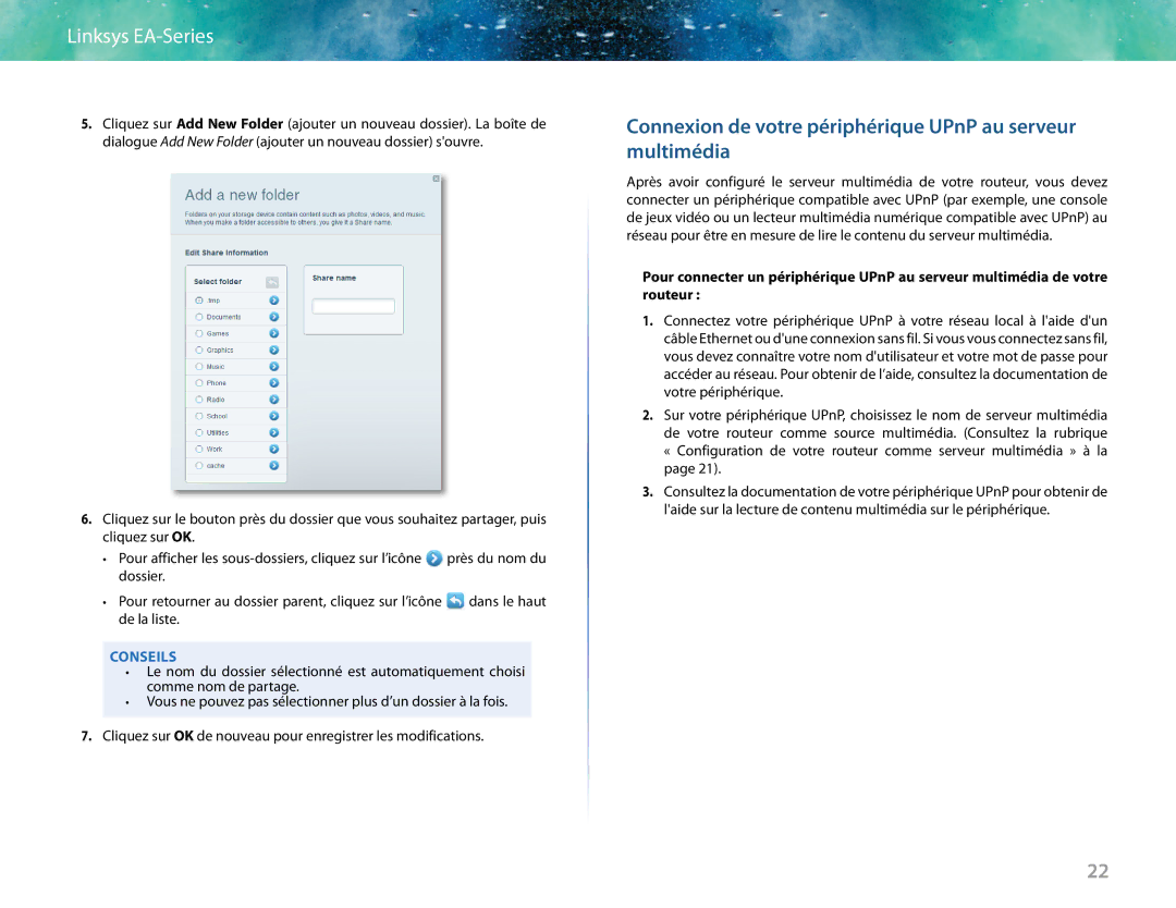 Linksys EA6400 manual Connexion de votre périphérique UPnP au serveur multimédia 