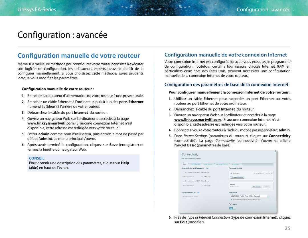 Linksys EA6400 manual Configuration avancée, Configuration manuelle de votre routeur 