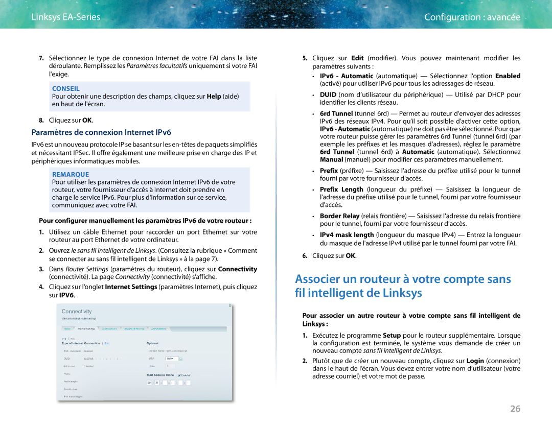 Linksys EA6400 manual Configuration avancée, Paramètres de connexion Internet IPv6 