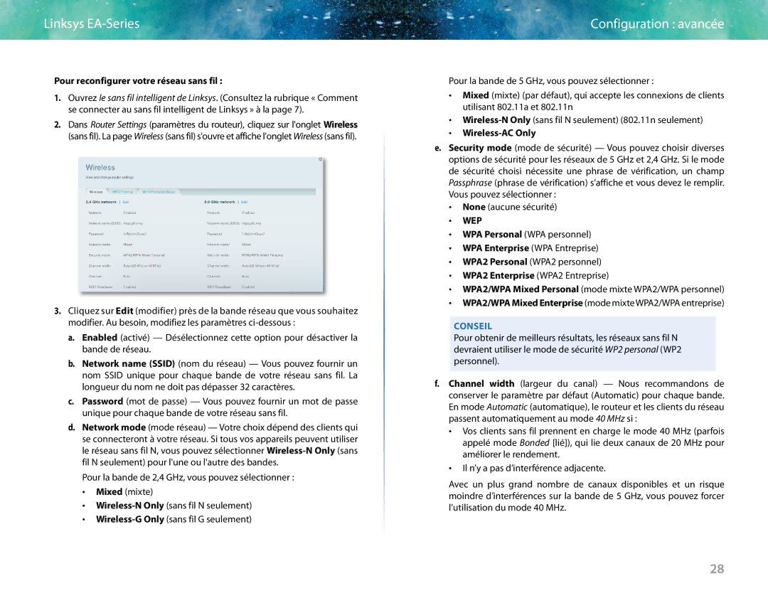 Linksys EA6400 manual Pour reconfigurer votre réseau sans fil, Wep 