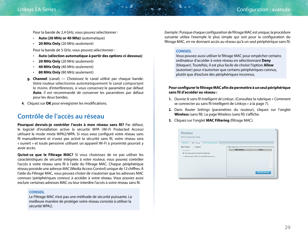 Linksys EA6400 manual Contrôle de l’accès au réseau, Auto 20 MHz or 40 Mhz automatique 