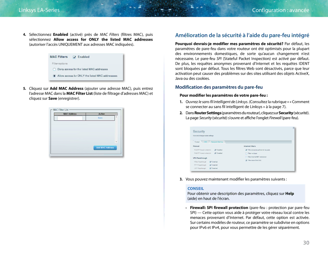 Linksys EA6400 manual Modification des paramètres du pare-feu, Pour modifier les paramètres de votre pare-feu 