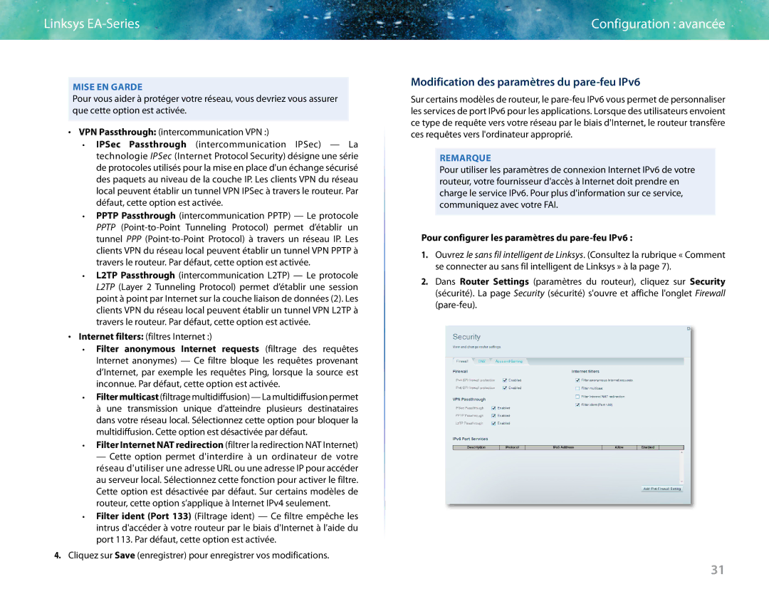 Linksys EA6400 manual Modification des paramètres du pare-feu IPv6, Pour configurer les paramètres du pare-feu IPv6 