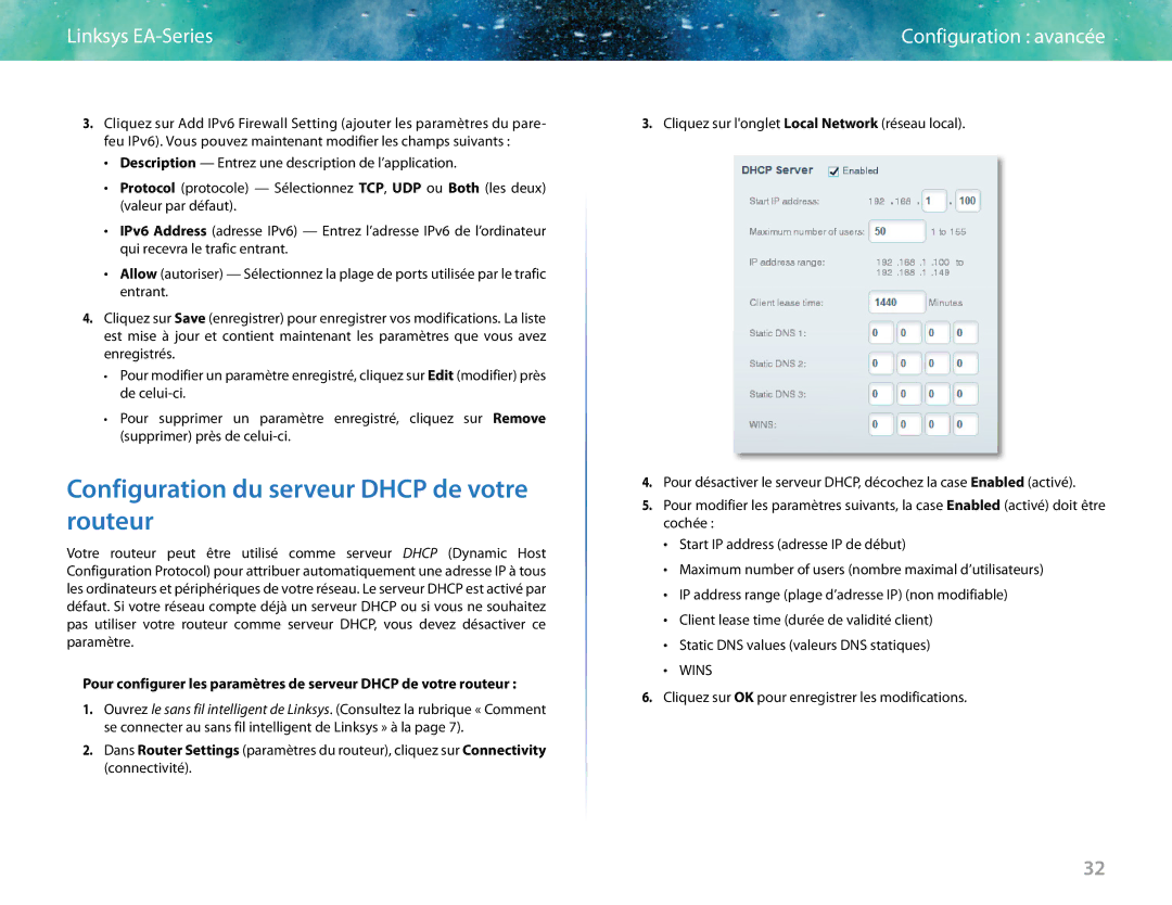 Linksys EA6400 manual Configuration du serveur Dhcp de votre routeur 