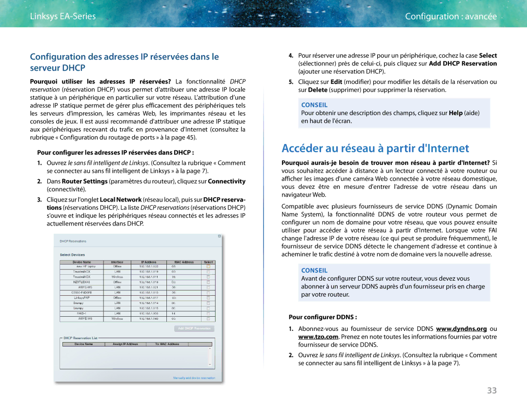 Linksys EA6400 manual Accéder au réseau à partir dInternet, Pour configurer les adresses IP réservées dans Dhcp 