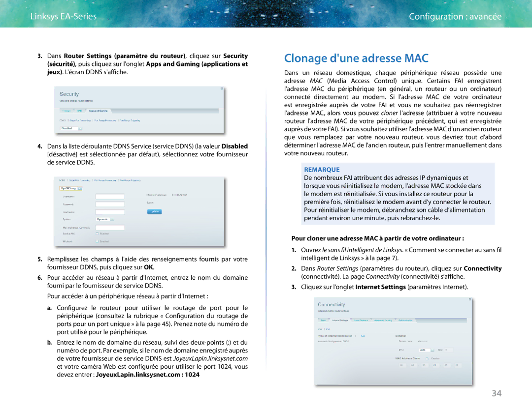 Linksys EA6400 manual Clonage dune adresse MAC, Pour cloner une adresse MAC à partir de votre ordinateur 