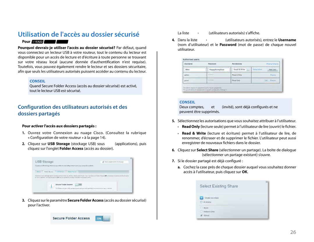 Linksys Linksys EA6500, EA4500, EA2700 Utilisation de laccès au dossier sécurisé, Pour activer laccès aux dossiers partagés 