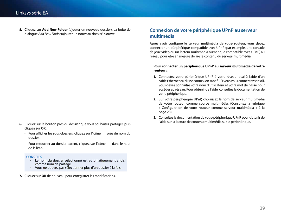 Linksys EA3500, Linksys EA6500, EA4500, EA2700 manual Connexion de votre périphérique UPnP au serveur multimédia 