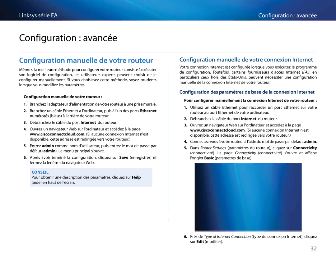 Linksys EA4500, Linksys EA6500, EA2700, EA3500 manual Configuration avancée, Configuration manuelle de votre routeur 