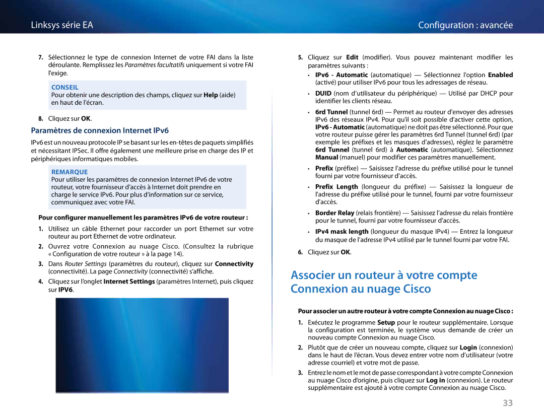 Linksys EA2700, Linksys EA6500, EA4500, EA3500 manual Configuration avancée, Paramètres de connexion Internet IPv6 