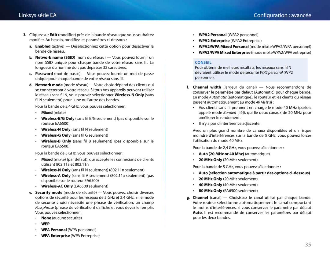 Linksys EA6500, EA4500 Wep, Auto 20 MHz or 40 Mhz automatique, Auto sélection automatique à partir des options ci-dessous 