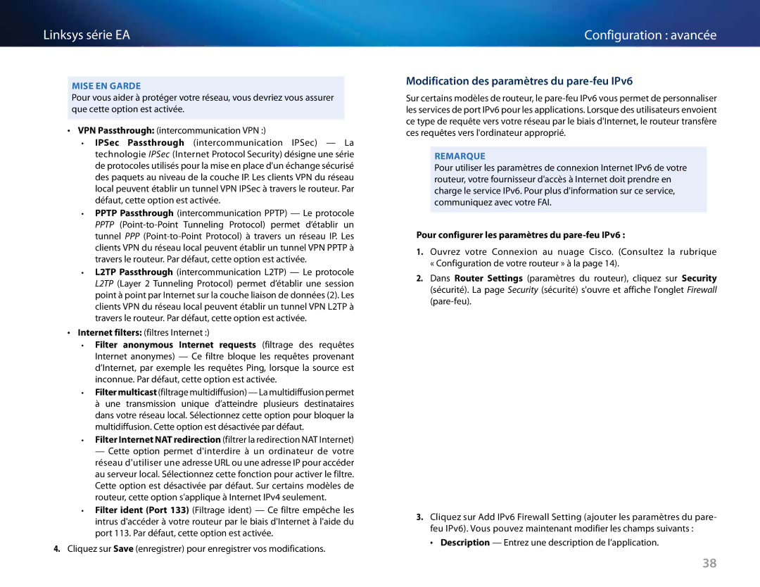 Linksys EA2700, EA6500 manual Modification des paramètres du pare-feu IPv6, Pour configurer les paramètres du pare-feu IPv6 