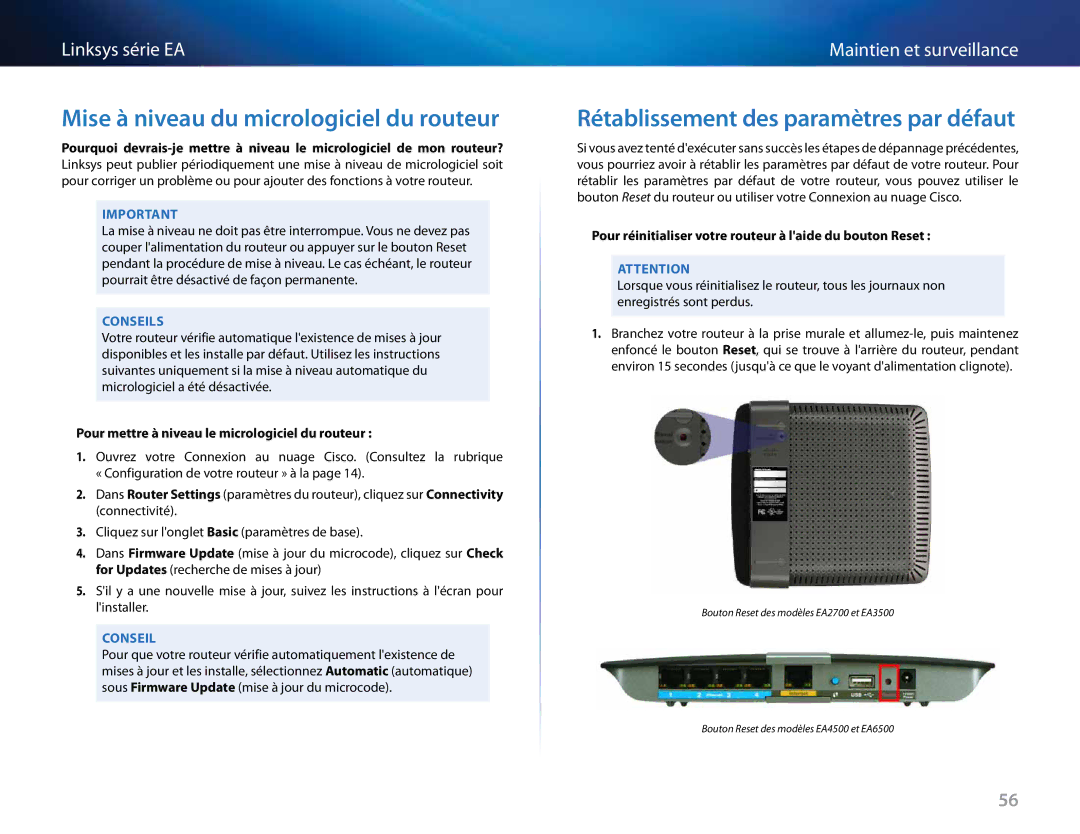 Linksys Linksys EA6500, EA4500, EA2700 Mise à niveau du micrologiciel du routeur, Rétablissement des paramètres par défaut 