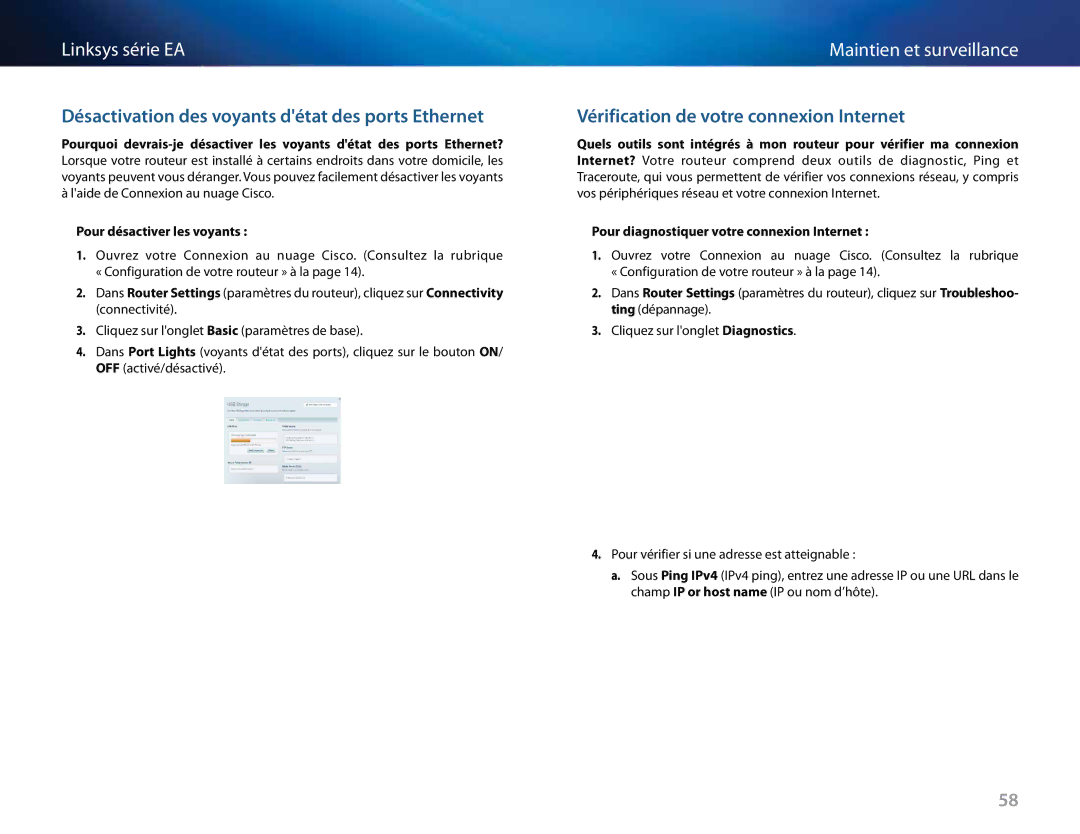 Linksys EA2700, EA6500, EA4500 Désactivation des voyants détat des ports Ethernet, Vérification de votre connexion Internet 