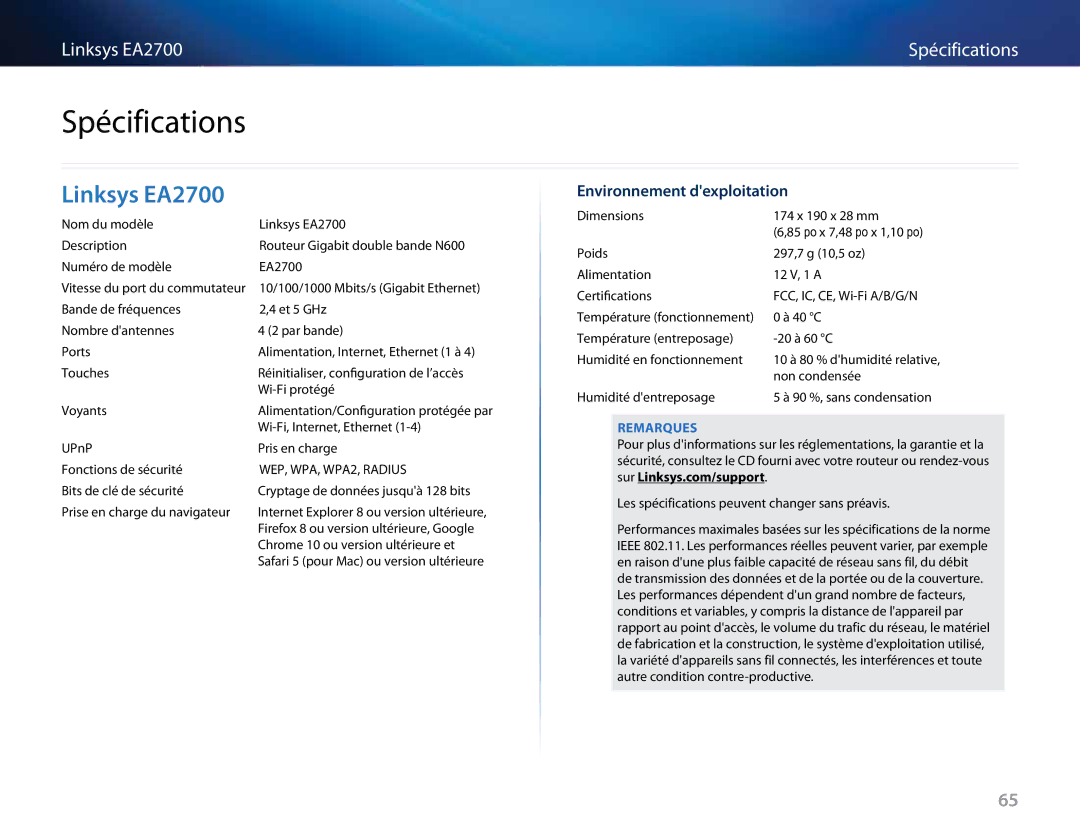 Linksys Linksys EA6500, EA4500, EA2700, EA3500 manual Spécifications, Environnement dexploitation 