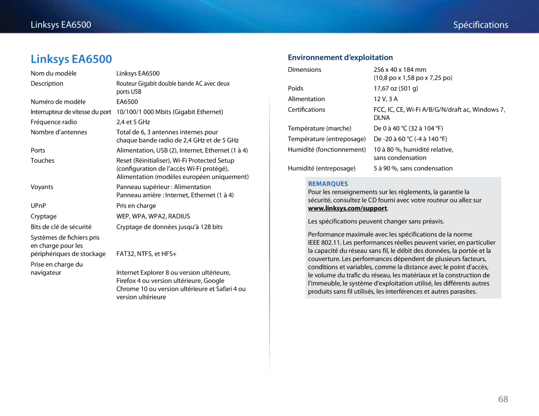 Linksys EA2700, EA4500, EA3500 manual Linksys EA6500, Environnement d’exploitation 