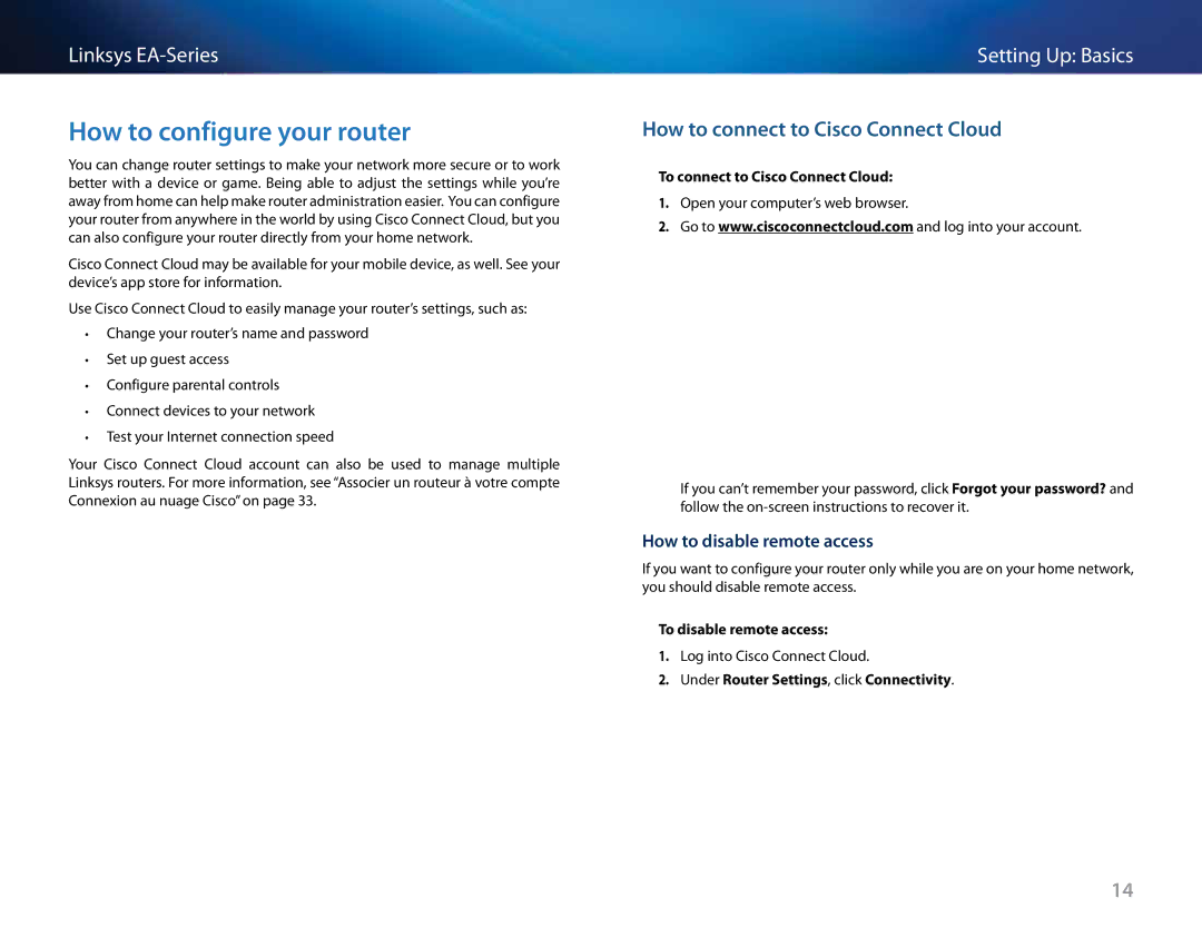 Linksys EA4500, EA6500 How to configure your router, How to connect to Cisco Connect Cloud, How to disable remote access 