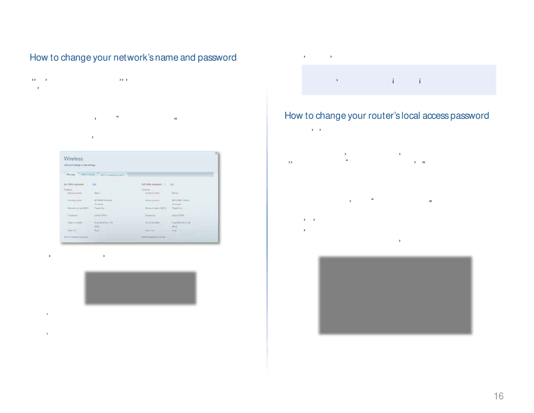 Linksys EA3500, EA6500 How to change your network’s name and password, How to change your router’s local access password 