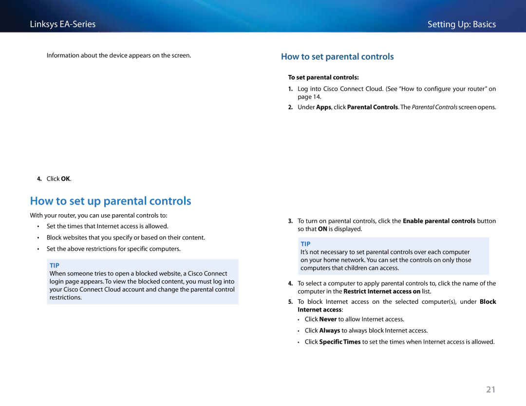 Linksys EA3500, EA6500, EA4500 manual How to set up parental controls, How to set parental controls, To set parental controls 