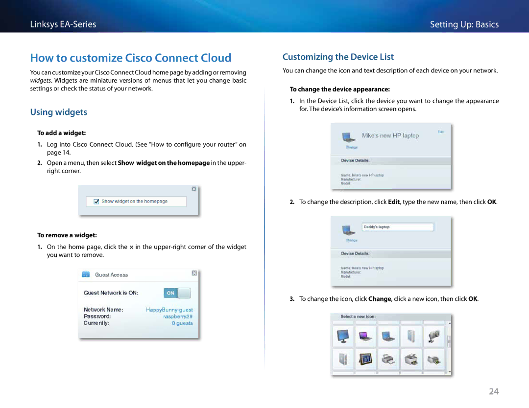 Linksys EA4500, Linksys EA6500, EA2700 How to customize Cisco Connect Cloud, Using widgets, Customizing the Device List 