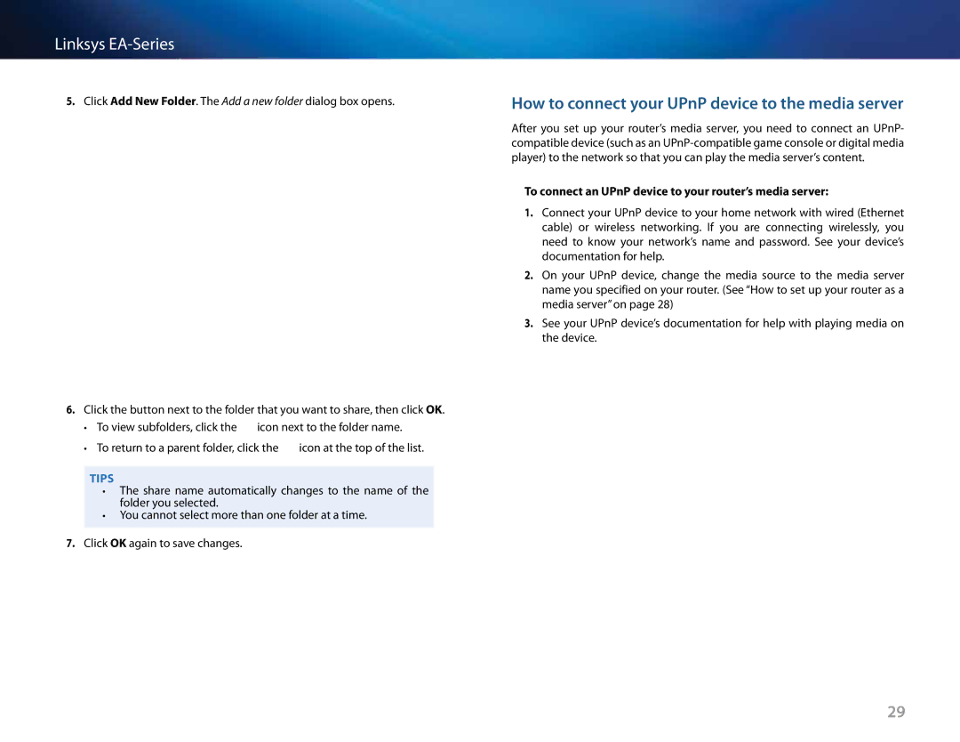 Linksys EA4500, Linksys EA6500, EA2700, EA3500 manual How to connect your UPnP device to the media server 