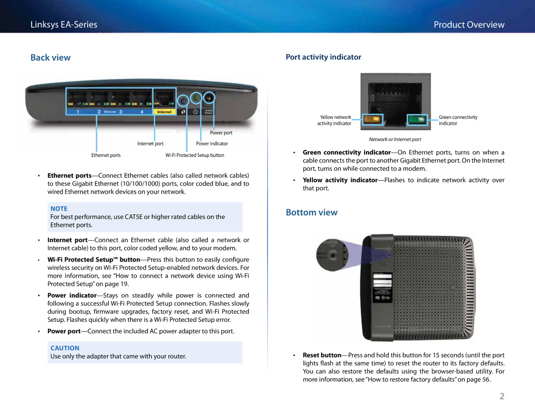 Linksys Linksys EA6500, EA4500, EA2700, EA3500 manual Back view, Bottom view, Port activity indicator 