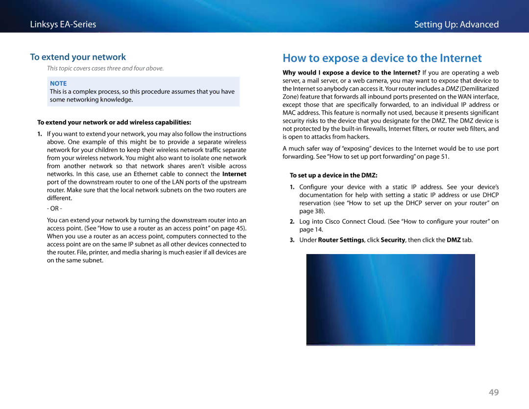 Linksys EA4500, EA6500 manual How to expose a device to the Internet, To extend your network, To set up a device in the DMZ 