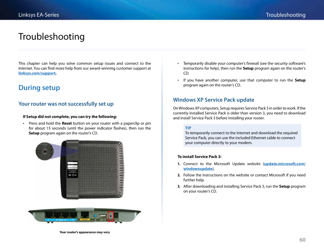 Linksys EA2700 Troubleshooting, During setup, Your router was not successfully set up, Windows XP Service Pack update 