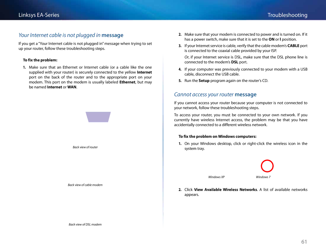 Linksys EA3500, Linksys EA6500, EA4500, EA2700 manual Troubleshooting, To fix the problem on Windows computers 