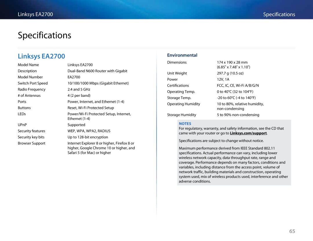 Linksys Linksys EA6500, EA4500, EA3500 manual Specifications, Linksys EA2700, Environmental 