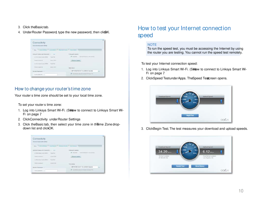 Linksys EA6900 manual How to test your Internet connection speed, How to change your router’s time zone 