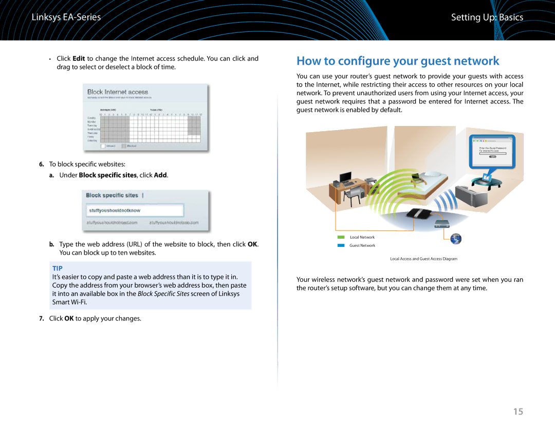 Linksys EA6900 manual How to configure your guest network, Under Block specific sites, click Add 
