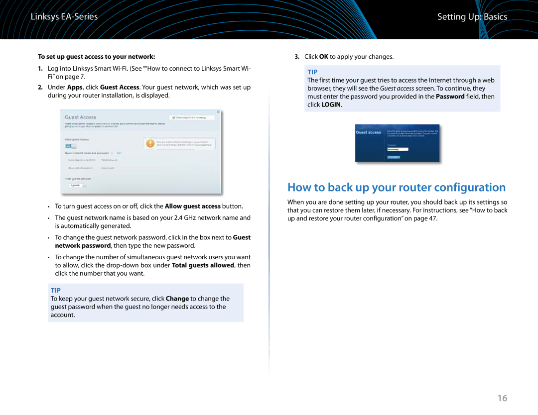 Linksys EA6900 manual How to back up your router configuration, To set up guest access to your network 