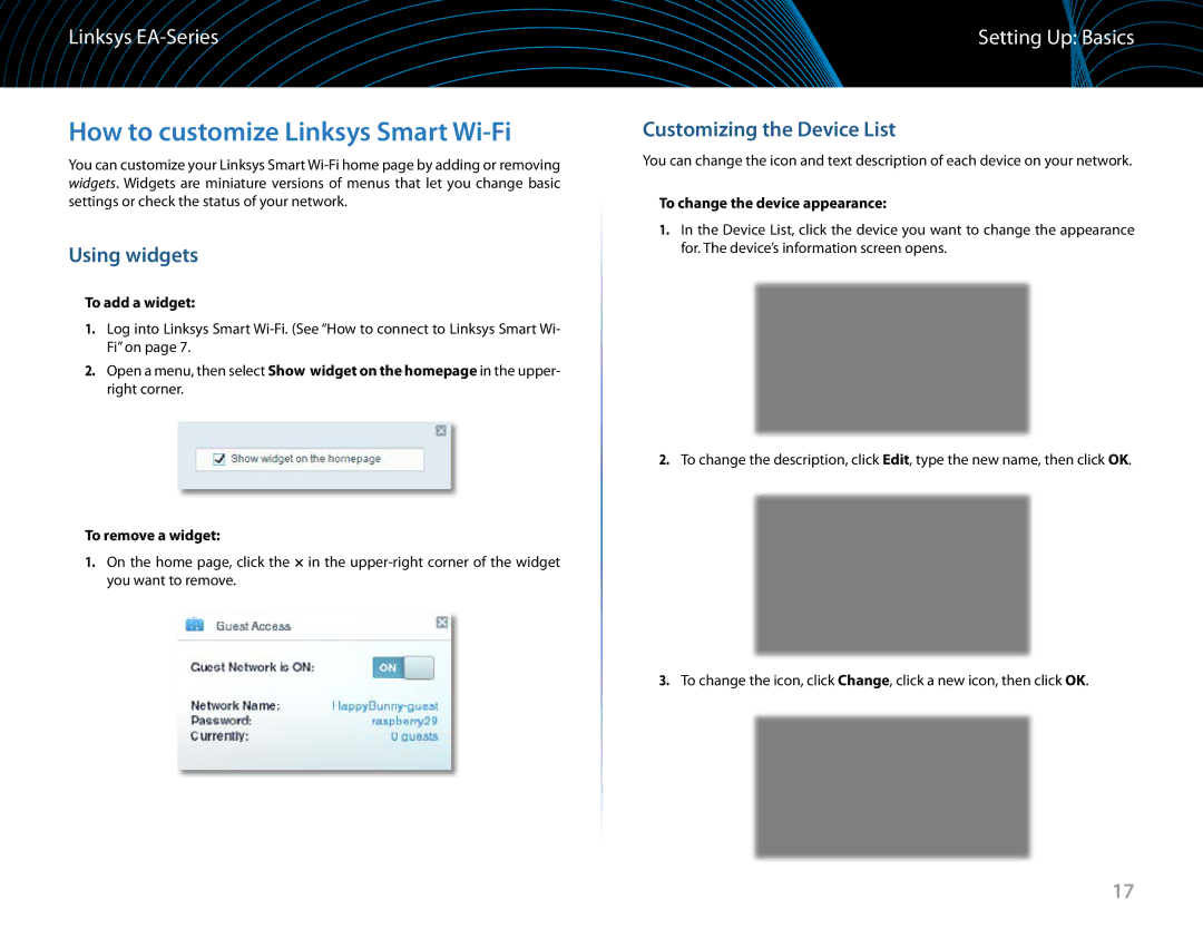 Linksys EA6900 manual How to customize Linksys Smart Wi-Fi, Using widgets, Customizing the Device List 