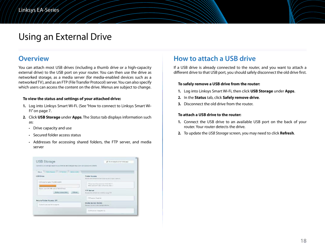 Linksys EA6900 manual Using an External Drive, Overview, How to attach a USB drive 
