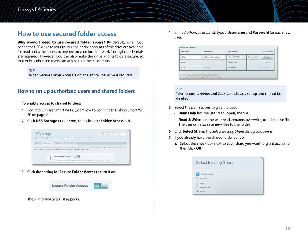 Linksys EA6900 manual How to use secured folder access, How to set up authorized users and shared folders 