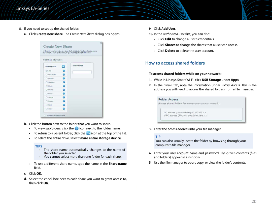 Linksys EA6900 manual How to access shared folders, Click Add User, To access shared folders while on your network 