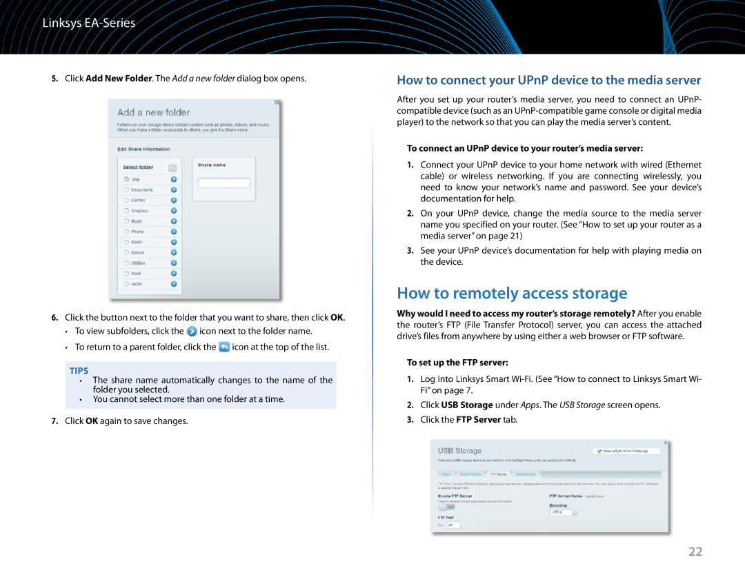 Linksys EA6900 manual How to remotely access storage, To connect an UPnP device to your router’s media server 