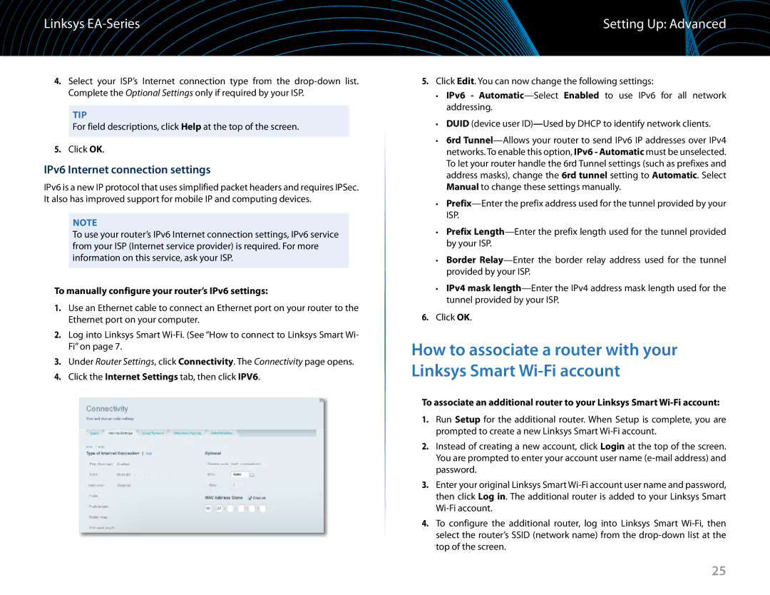 Linksys EA6900 IPv6 Internet connection settings, To manually configure your router’s IPv6 settings 